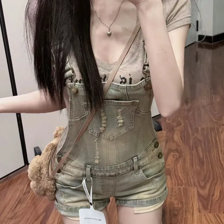【腰臀比的神】夏季少女感y2k复古浅蓝薄荷显瘦内搭背带牛仔裤2219