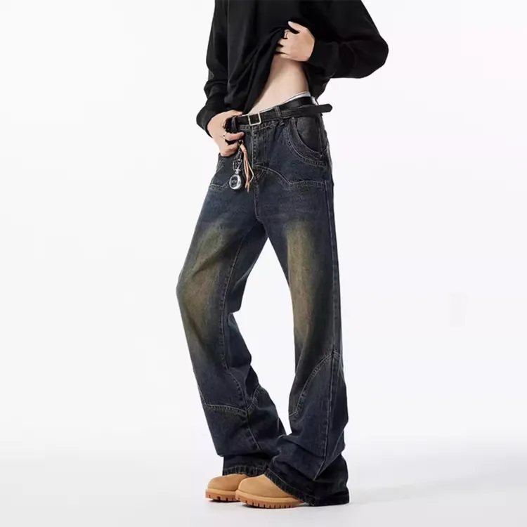 解构拼接微喇牛仔裤男秋季宽松直筒裤子潮牌美式水洗做旧阔腿长裤