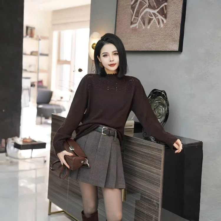 POPULARYW【鹊喜】精致时髦套头钩花镂空纯色百搭毛衣秋冬