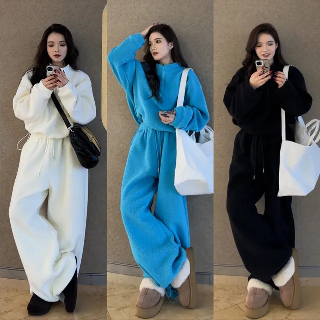 现货 12355加绒套装女2025新款摇粒绒卫衣套装双面绒运动休闲套装