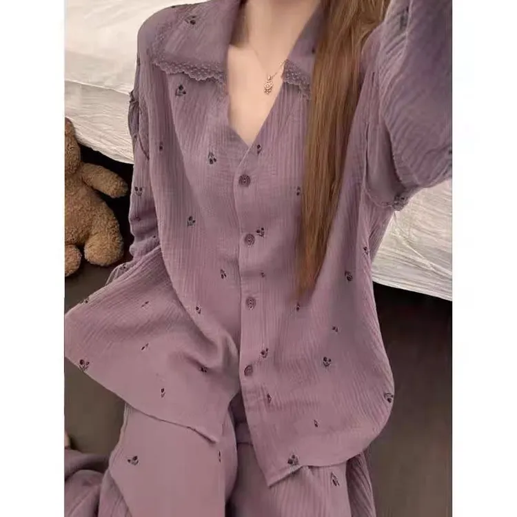 紫色睡衣女秋季新款ins韩系甜美碎花宽松休闲薄款长袖家居服套装
