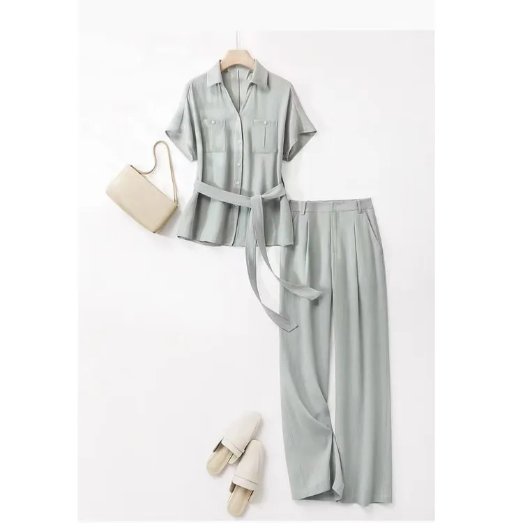 【纪朵研】1047修身衬衫直筒裤两件套女2025夏季时尚百搭肌理上衣