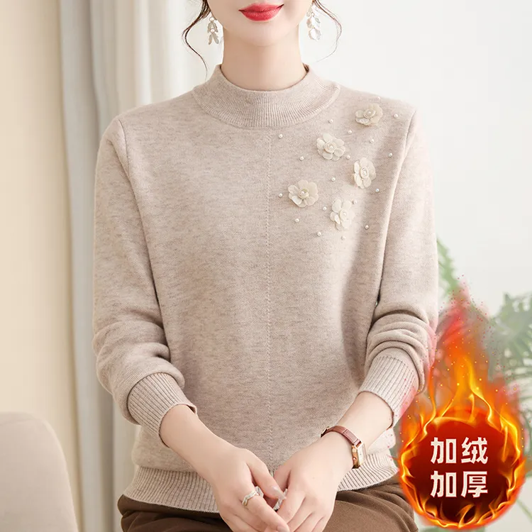 妈妈装加绒半高领毛衣中年女冬装立体花朵钉珠针织衫保暖洋气打底