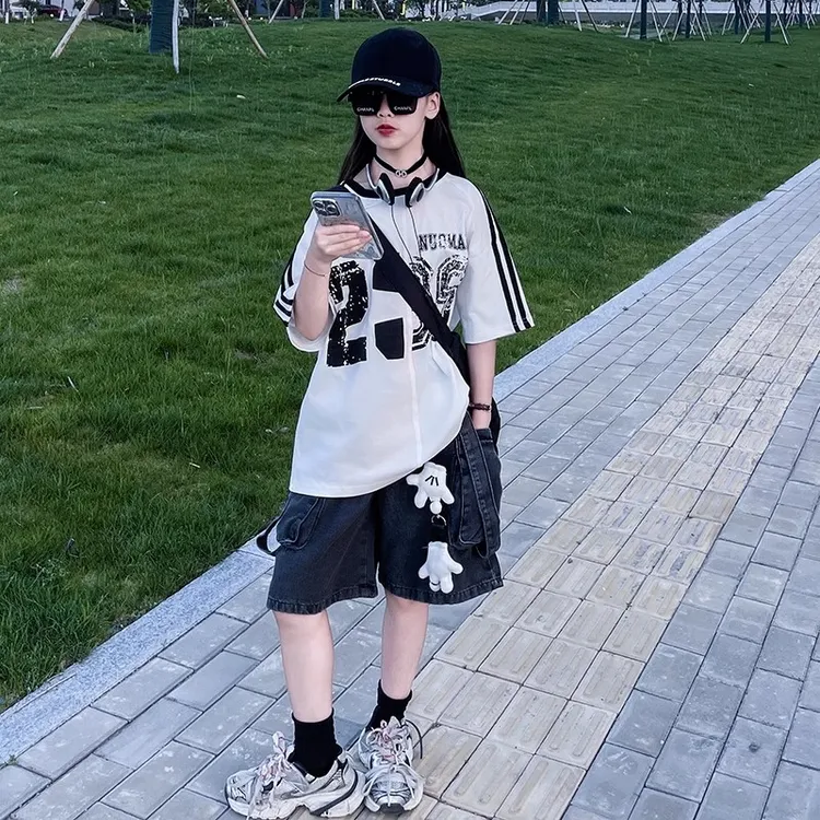 女童夏季美式学院风做旧短袖时尚大口袋工装牛仔五分短裤潮酷套装