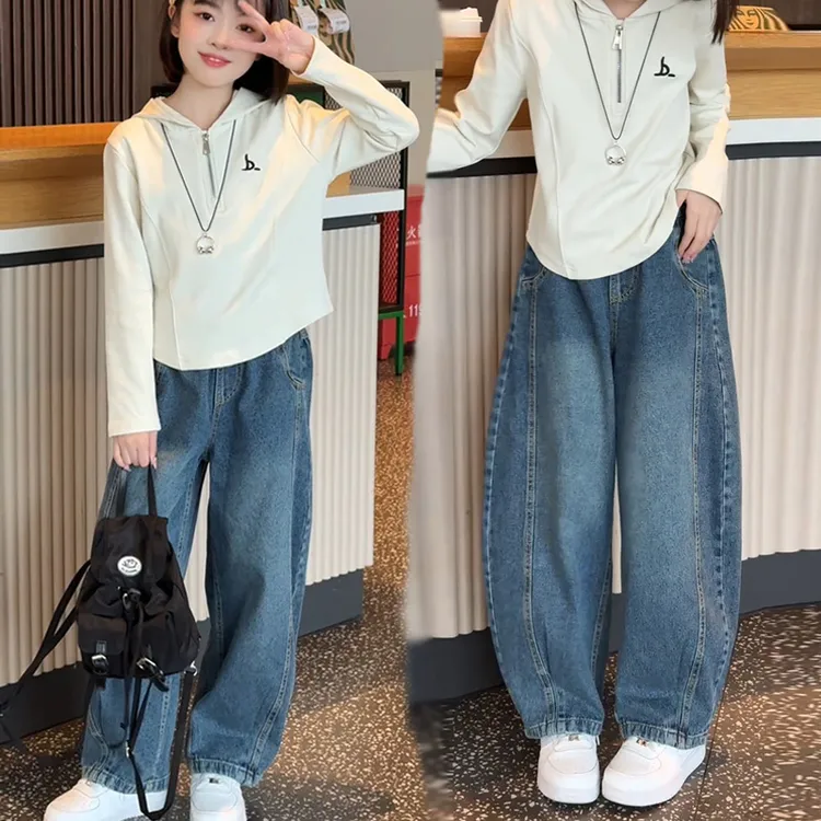 女童弯刀牛仔裤连帽卫衣套装2025春秋中大童时尚直筒阔腿裤两件套