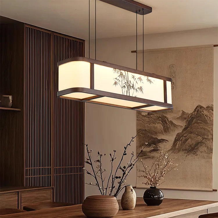 帕莎 餐厅吊灯 宋氏美学禅意茶室书房长条布艺竹叶胡桃木色实木灯