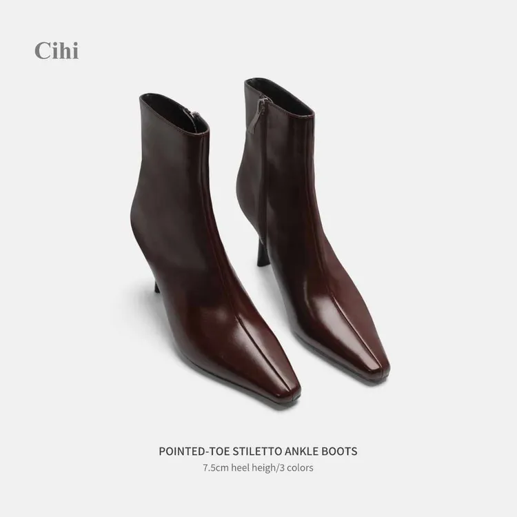 Cihi'Saorsa' 高密小方头 软皮软面侧拉链细跟中短靴