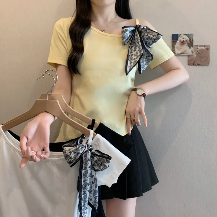 2025夏季新款胖mm大码女装纯欲露肩蝴蝶结不规则短袖T恤上衣35931