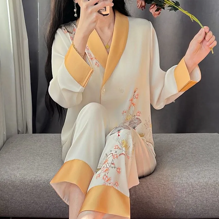 春秋季新款双排扣冰丝绸睡衣女长袖长裤套装高级感时尚妈妈家居服