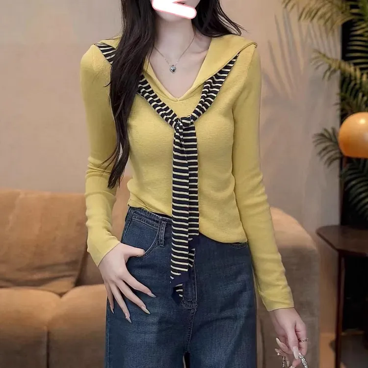 韩系简约时尚海军领长袖针织衫女秋季新款条纹披肩假两件上衣女