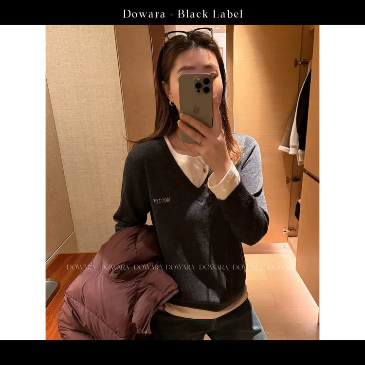 现货大婉酱黑标100绵羊毛假两件字母刺绣针织衫女冬百搭上衣1110D