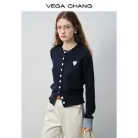 VEGACHANG【藏蓝心语】爱心刺绣针织开衫女2025新款秋针织衫0261JJ