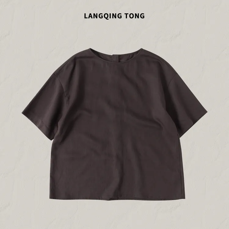 浪清/女装推荐 雪莉金亚麻舒适宽松T恤44865#