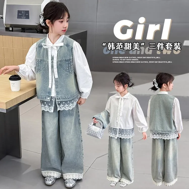 女童牛仔套装2025春秋新款花边衬衫马甲中大童韩版时尚洋气三件套