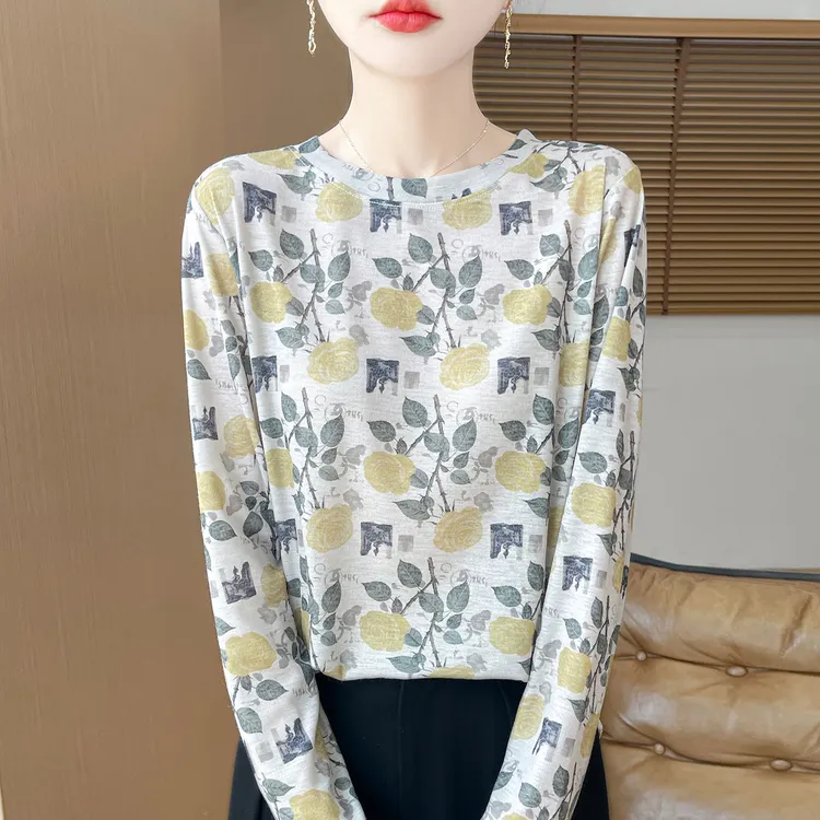 圆领莱赛尔大码复古扎染打底长袖T恤女春秋薄款天丝针织上衣内搭