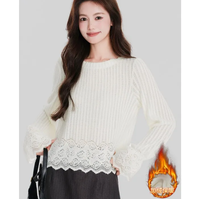 温柔法式杏色蕾丝打底衫女秋冬加绒长袖木耳边半高领内搭上衣t恤