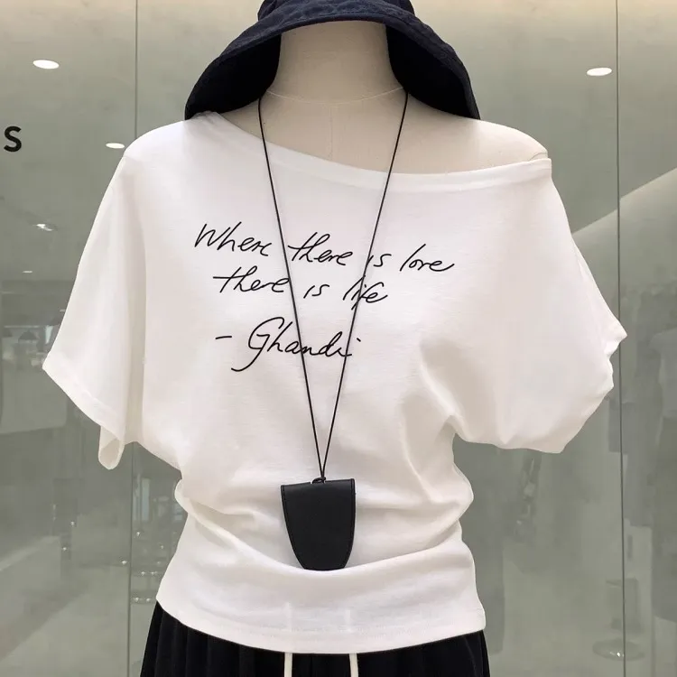 【帝韵】夏季辣妹斜肩宽松短袖T恤女印花短款露肩一字肩纯欲风上衣