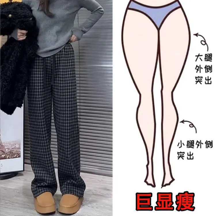 冬季爆款加绒大码女装高腰韩系格纹休闲裤梨形身材显瘦宽松阔腿裤