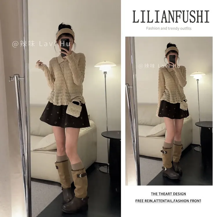 时尚穿搭女2025秋冬新款百搭设计感翻领长袖上衣显瘦短裙两件套装