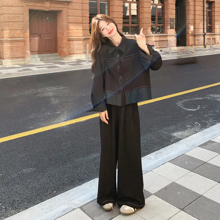 黑色复古松弛感套装女2025秋季新款牛仔拼接翻领外套阔腿裤两件套