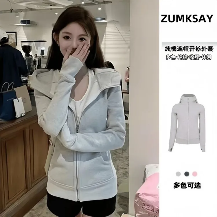 灰色开衫连帽外套女春秋新款收腰运动瑜伽服美式显瘦休闲卫衣
