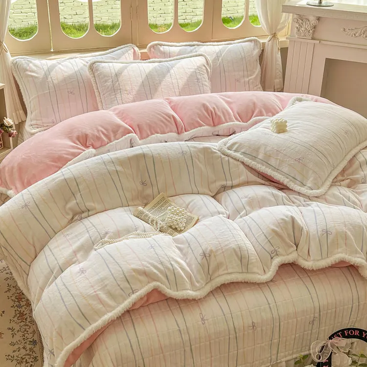 冬天公主风加厚牛奶绒床盖四件套加绒保暖夹棉花边款床单床上用品