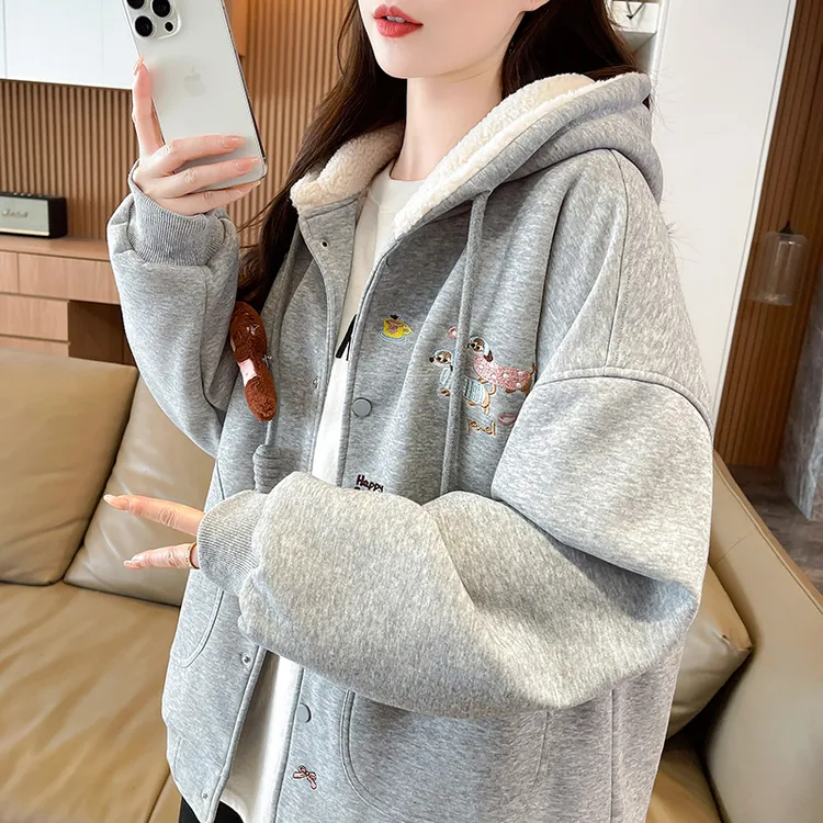 加绒加厚学院风外套2025冬季新款宽松初高中学生连帽卫衣棉服女