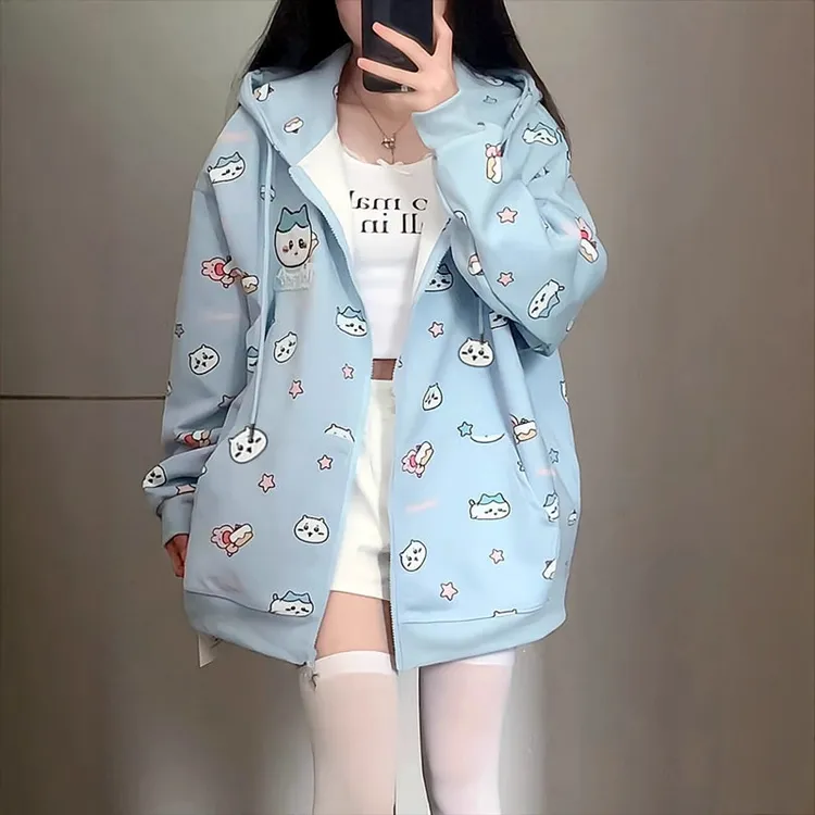 可爱少女卡通印花连帽开衫卫衣女外套甜妹穿搭春秋冬宽松百搭上衣