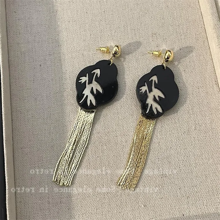 铜合金锆石耳饰 个性金色流苏竹子耳环女高级感气质小众设计感复