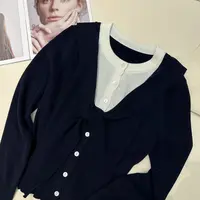 深圳南油白桃美美 韩系披肩假两件拼色针织衫女早秋新款休闲A3027