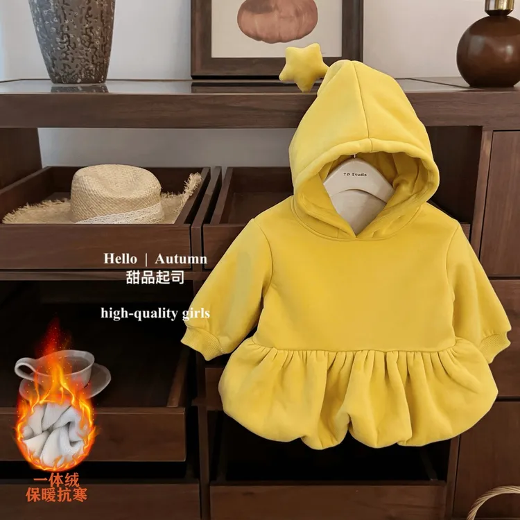 女童冬季星星人洋气连帽卫衣儿童加绒加厚花苞衣摆套头款上衣童装