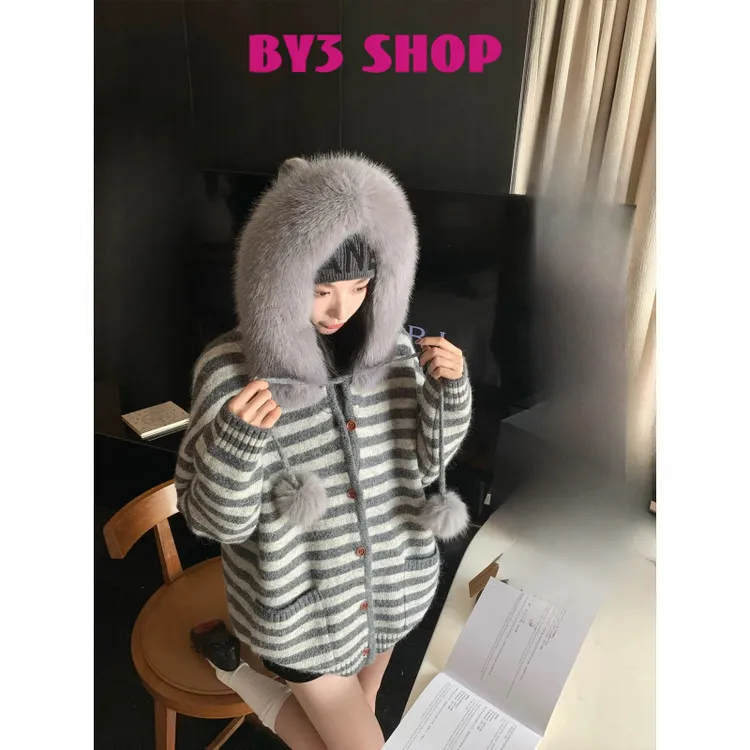 【BY3 SHOP】乖乖娇俏女孩毛领条纹开衫毛衣外套