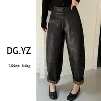 【樱子家2940F新款真皮撞色翻边提花打揽拼接微垮皮裤