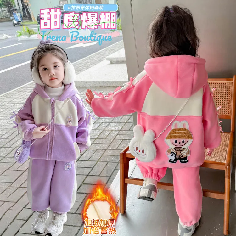 女童奥粒绒加绒加厚连帽套装秋冬2025新款洋气女孩时髦保暖两件套