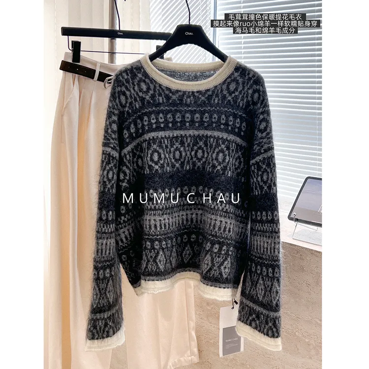 「MUMU CHAU」【琉光之韧】马海毛女冬季保暖提花毛衣新年装LQ58304