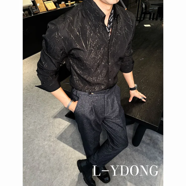 L-YDONG【黑金裂纹】轻奢老钱风定制暗纹英伦雅痞休闲衬衫9913