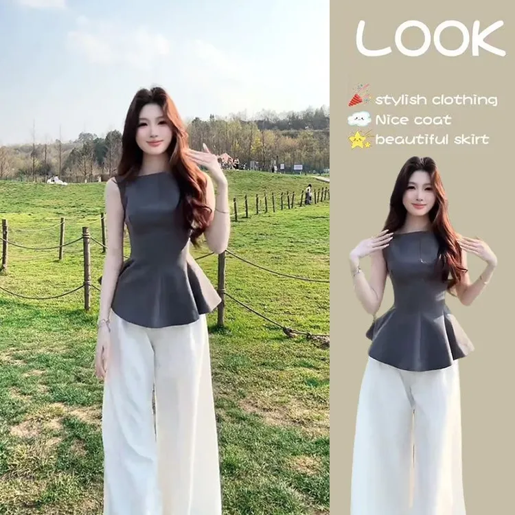 高级感休闲套装女蓬蓬a字无袖上衣阔腿裤两件套2025夏季新款女装