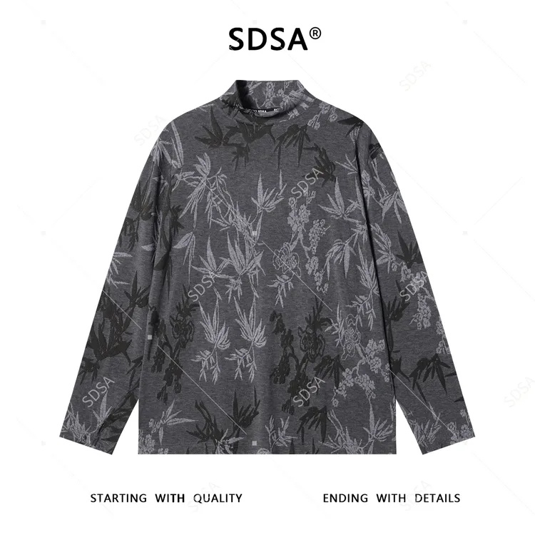 SDSA男士秋冬新款痞帅男装潮牌植物花卉提花半高领长袖T恤百搭潮