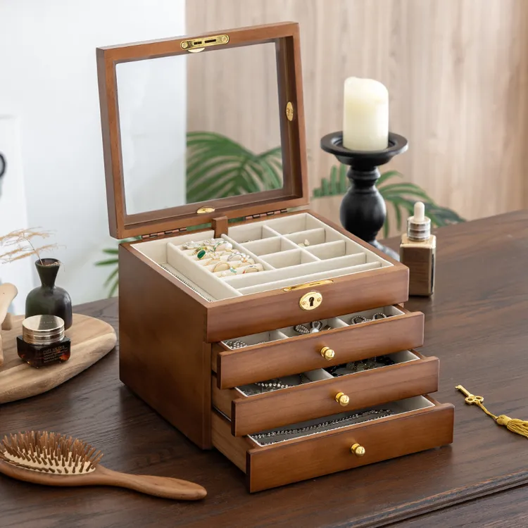 首饰盒/箱 实木首饰盒耳环项链戒指手饰品收纳盒高档精致珠宝盒