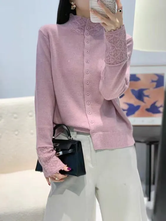 新款钩花领开衫细闪亮片时尚针织百搭气质