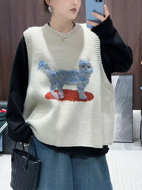 【提花猫咪马甲】宽松减龄百搭套头提花猫咪无袖坎肩针织毛衣马夹女