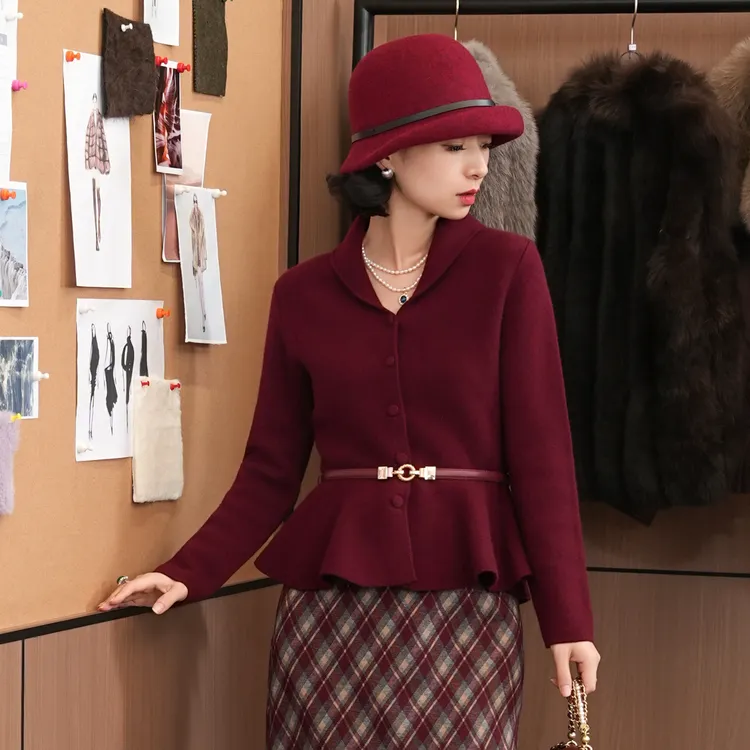 西子/【悠长假期】100羊毛翻领收腰鱼尾下摆显瘦针织开衫/MSTJ508