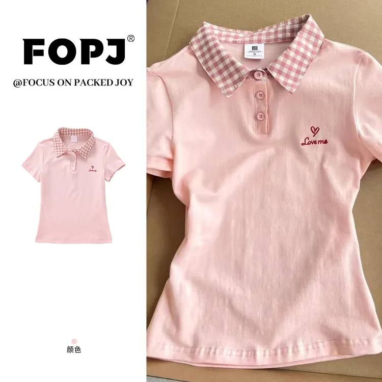 FOPJ刺绣款正肩格纹Polo领短袖t恤女夏季百搭显瘦设计感甜妹上衣