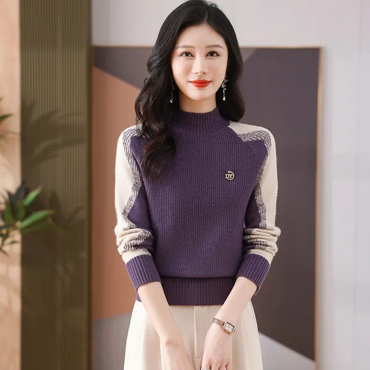 2025秋冬新款半高领拼色百搭洋气针织毛衣女宽松套头针织打底衫潮