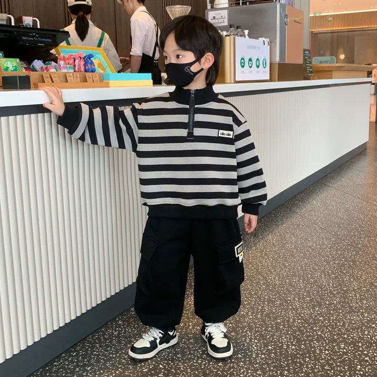 男童加绒套装2025新款4儿童加厚衣服5宝宝痞帅3岁男孩条纹6秋冬装