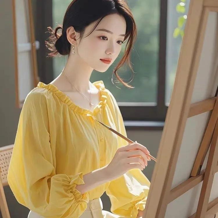 绝美黄色外出衬衫长袖女秋季韩系小众设计感宽松休闲甜美别致上衣