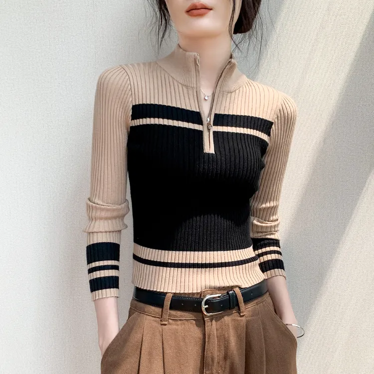 拉链半开领拼色设计感长袖针织衫女秋季新款修身气质正肩外穿上衣