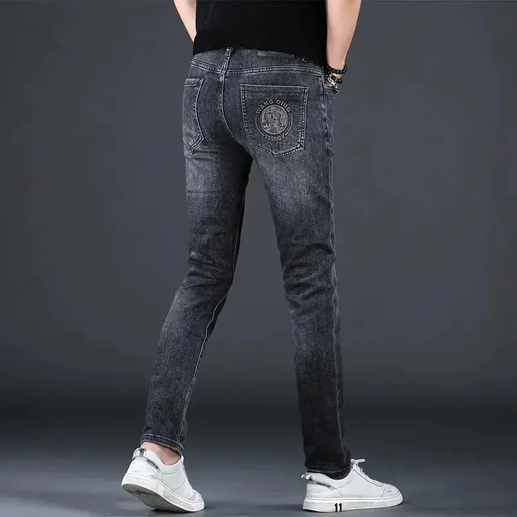 秋夏季薄款潮流牛仔裤男士韩版印花修身弹力休闲痞帅裤子长裤