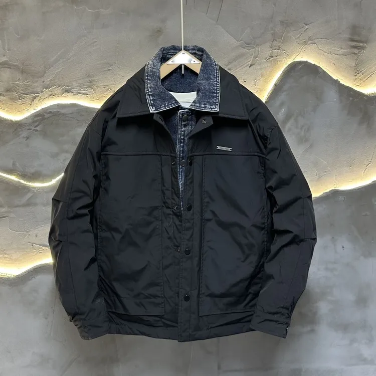 设计师假两件羽绒服男秋冬季2025新款白鸭绒翻领拼接工装夹克外套