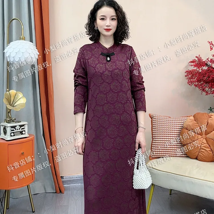 加厚秋冬新中式旗袍中国风女装秋季长袖连衣裙百搭喜婆婆妈妈装